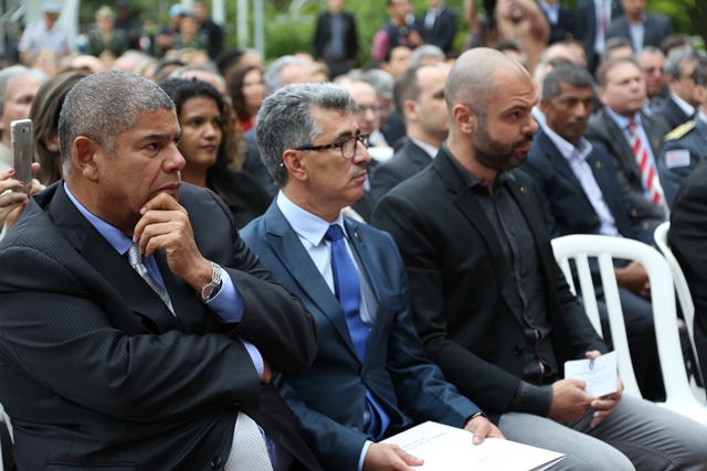 O presidente da Câmara Municipal, vereador Milton Leite; o presidente do TCM, conselheiro João Antonio; e o prefeito de São Paulo, Bruno Covas.