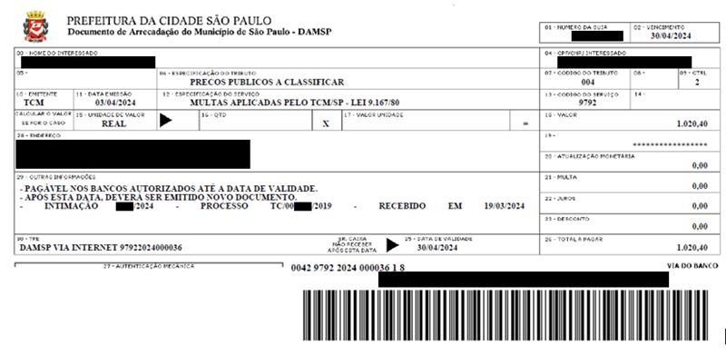 Modelo preenchido de guia DAMSP para pagamento de multa